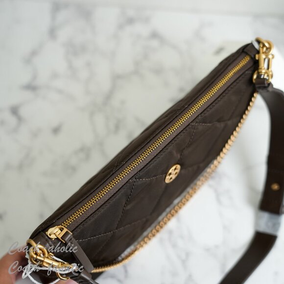 NWT Tory Burch Willa Nylon Zip Shoulder Bag in Dark Roast - Picture 9 of 11